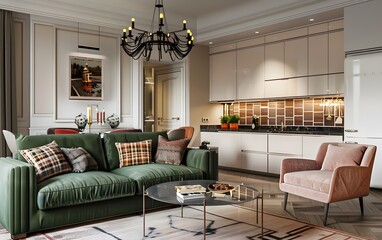 A modern apartment living room with a green sofa, a light pink chair and plaid pillows, a black chandelier hanging above the table,