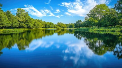 A tranquil scene of a blue lake reflecting the sky and surrounding trees