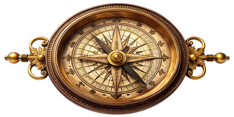 Antique compass with intricate design resting on a wooden table, cut out transparent
