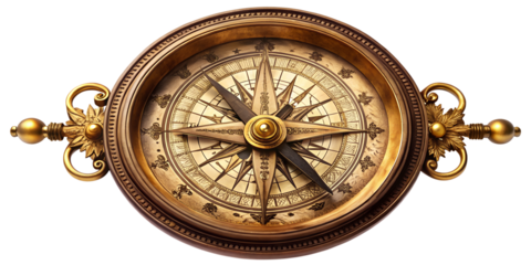 Antique compass with intricate design resting on a wooden table, cut out transparent