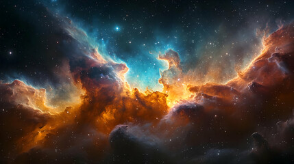 Fototapeta premium A majestic nebula with a fiery orange glow and a hint of blue, illuminating the dark space with a multitude of twinkling stars.