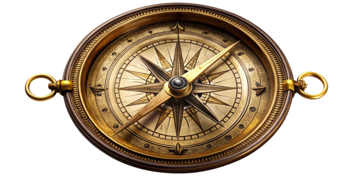 Antique brass compass on wooden surface with intricate design, cut out transparent