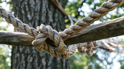 Close-up of the ropes and knots securing a hammock to a tree, showing the strength and detail of the ties.