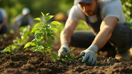 A man wearing gloves is gardening and planting young plants in the soil.