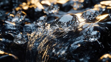 Fototapeta premium A luxurious cascade of liquid diamond over polished black stones, with subtle light reflections adding a calm, opulent feel.