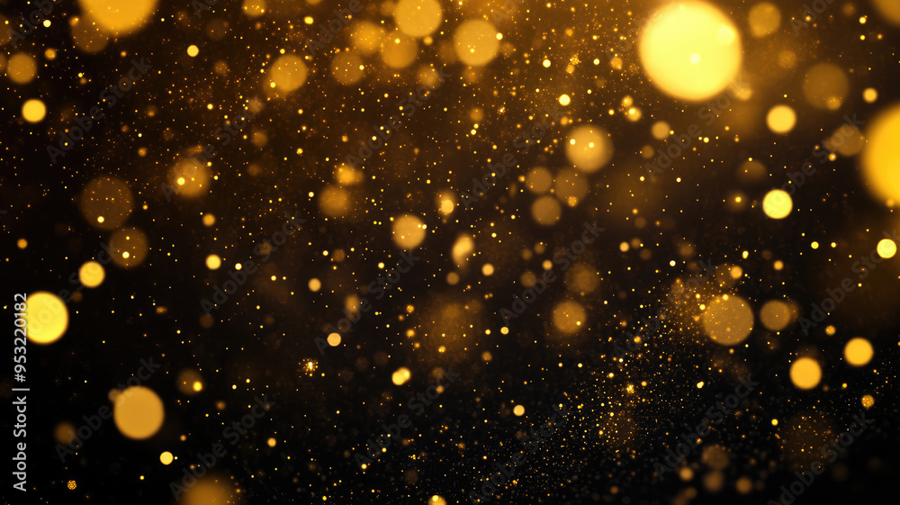 Wall mural abstract dark brown and gold particle backdrop. christmas golden light shed bokeh particles over a b