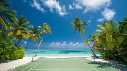 Fototapeta premium of a Tennis Court on a Sunny Day at a Tropical Beach with Palm Trees and a Blue Ocean Background