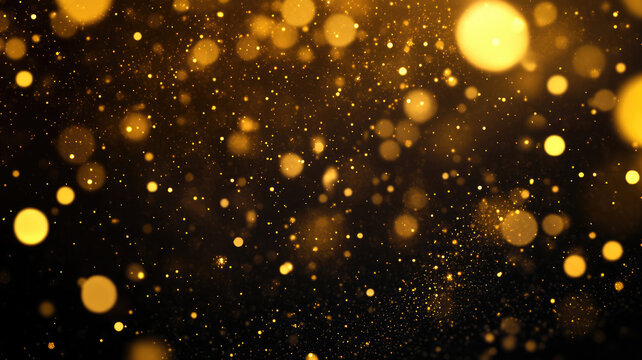 abstract dark brown and gold particle backdrop. christmas golden light shed bokeh particles over a background of black. gold foil appearance. holiday idea, 