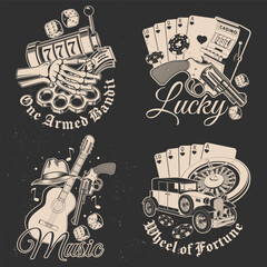 Set of gangsta design. Vintage print, logo, badge design with retro car, poker playing card, casino chips, slot machines, two dice, knuckle, gun and guitar. Vector illustration.