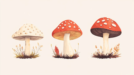 Colorful illustration of three distinct mushroom species amidst grass and plants in a minimalist style