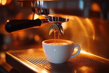Close-up of a coffee machine making espresso in a white cup at a barista cafe, with a blurred background and warm lighting