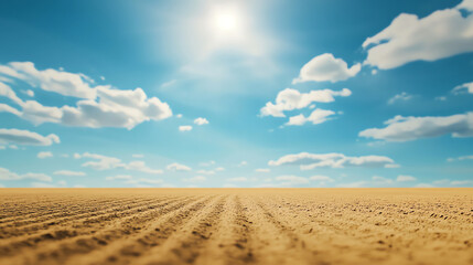 Fototapeta premium Vast desert landscape under a bright sun with blue sky and soft clouds, showcasing serene beauty and endless horizons.