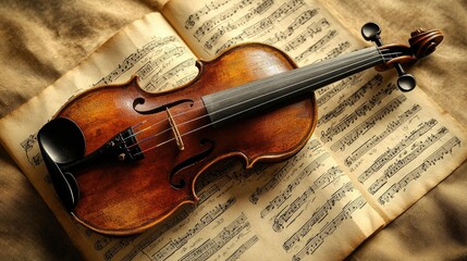 Fototapeta premium An old, classic violin resting on a sheet of music, symbolizing the enduring beauty of traditional musical instruments