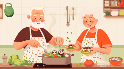 Elderly couple cooking together in a cozy kitchen, sharing joyful moments while preparing a healthy meal