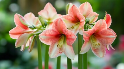 Fototapeta premium Hippeastrum: diverse varieties, large gramophone-like flowers on high stems.