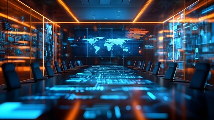 Futuristic Meeting Room with Digital Interfaces and World Map