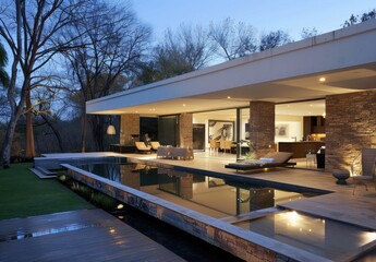 Obraz premium Modern House with Pool and Tranquil Garden