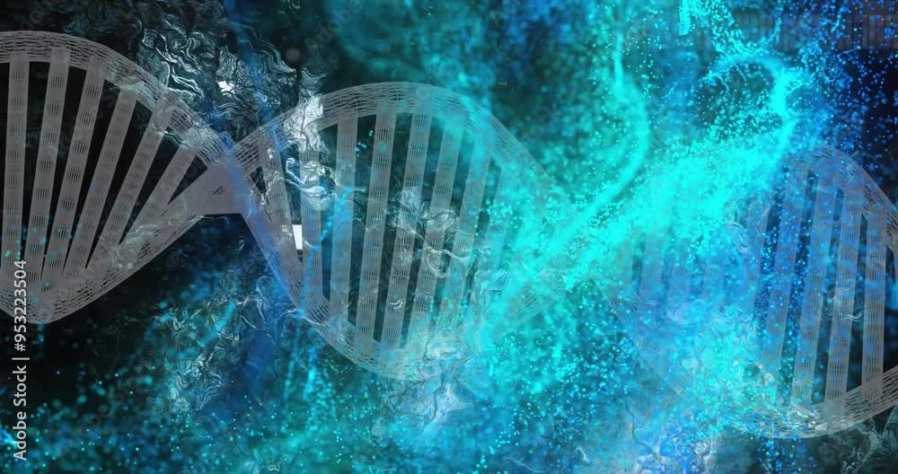 Sticker dna strand and molecular structure animation over blue and turquoise background