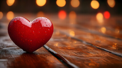 Fototapeta premium A red heart with water drops sits on a rustic wooden surface.