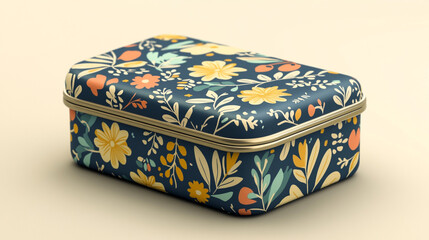 A decorative floral tin box with vibrant designs, ideal for storage or gift wrapping, showcased against a simple background