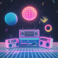 Fototapeta premium Retro Boombox Stereo System in Neon Space Scene