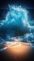 Dynamic wave crashing onto the sandy shore, capturing the essence of nature's power and beauty in vivid colors.