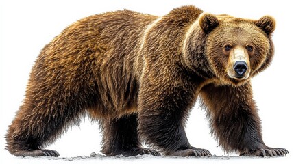 Obraz premium Grizzly Bear in the Wild: A majestic grizzly bear stands confidently against a pristine white background, showcasing its powerful presence and wild beauty. This captivating image is ideal for wildlife