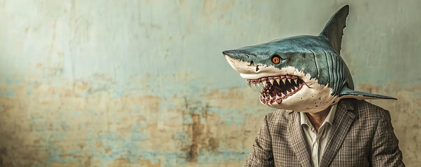A surreal image of a man wearing a shark mask, blending humor and creativity in a unique and whimsical way.