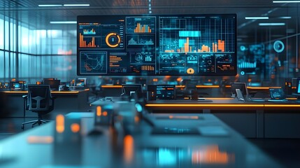 Futuristic Office Interior with Data Analytics Display