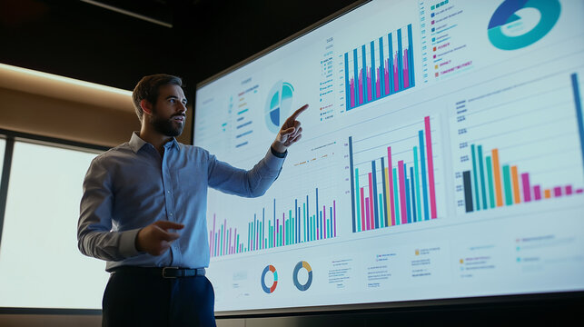 a professional business worker, explaining graphs and profits, succesful, confident, Business