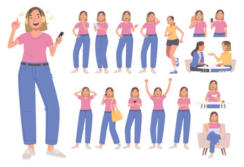 Fototapeta premium Young woman set. Girl listens to music, thinks, plays sports, communicates with friend. Character in various poses and actions