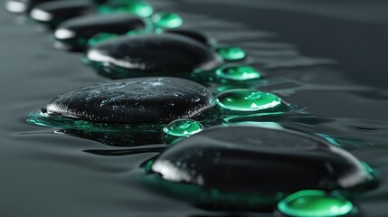 A soothing flow of emerald liquid over polished black stones, highlighted by soft, reflective light for a serene luxury feel.