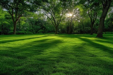 Naklejka premium A sunny day scene with sunlight filtering through tree branches in a park