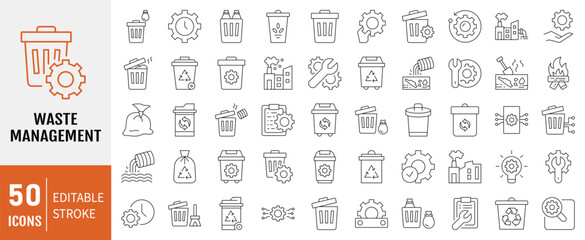 Waste management icon set. Containing icons: disposal, landfill, garbage collection, plastic, sorting, contamination icon. Vector illustration