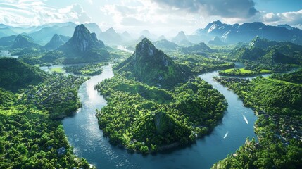 Aerial View of Serene River Winding Through Lush Green Mountains