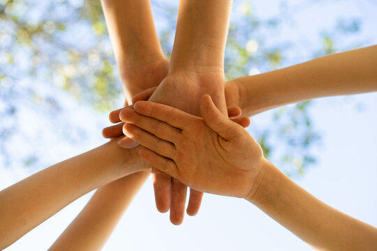 children holding hands, standing on the green grass, the concept of friendship and a group of young people working in a team, a circle of hands