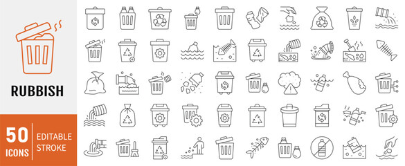 Rubbish line icon set. Containing disposal, landfill, garbage collection, plastic, sorting, contamination icon. Simple line vector.