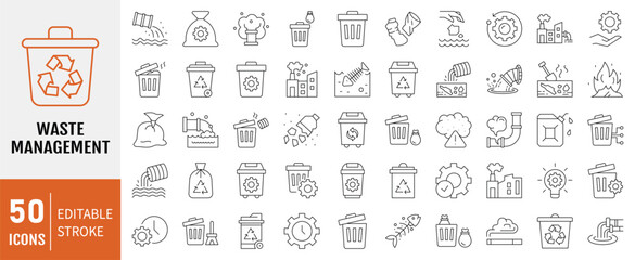 Waste management line icon set. Containing disposal, landfill, garbage collection, plastic, sorting, contamination icon. Simple line vector.