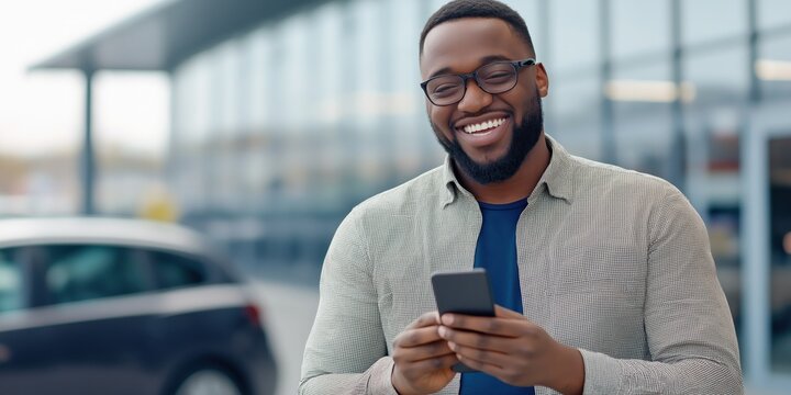 A smiling person using a smartphone to purchase a car at a large dealership