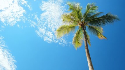 Low vertical shot palm tree, clear sky above