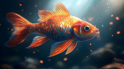 Fototapeta premium A single goldfish swims through clear water with a light source behind it.