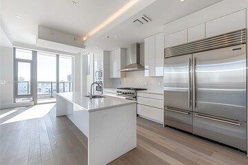A photo of the kitchen in a modern home with white cabinets, stainless steel appliances and large windows letting in natural light. A sleek island is centered between two shiny silver refrigerators 