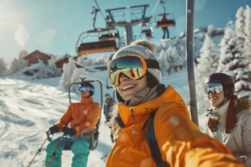 Group of people skiing down snowy mountain slope, enjoying winter sports