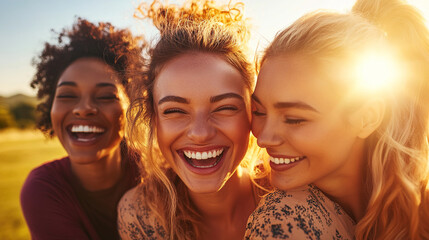 Fototapeta premium Group Photo of Three Beautiful Women with Curly Hair and Golden-Brown Skin, Smiling Outdoors on a Bright, Sunny Day