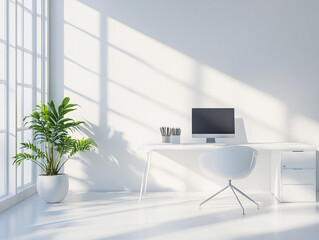 A modern minimalist workspace with desk, computer, and plant, creating productive atmosphere.