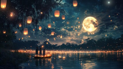 Floating Dreams on a Moonlit River: Two souls embrace beneath a sky filled with glowing lanterns as a full moon illuminates the water in this enchanting digital artwork. 