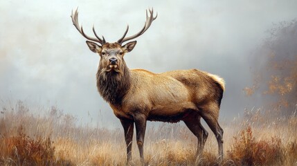  Majestic Stag in Misty Meadow: A majestic stag with impressive antlers stands proudly in a misty meadow, its presence commanding attention. The soft light and ethereal atmosphere create a sense of tr