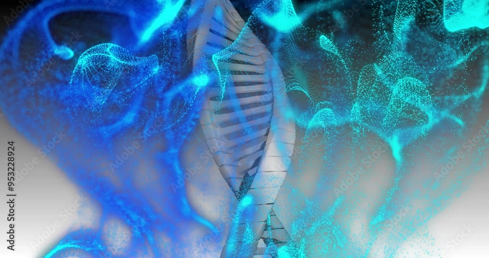 Sticker dna strand and blue particles, scientific data processing animation