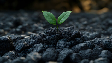 A small green plant with two leaves grows out of a pile of black rocks.