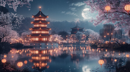 Obraz premium a night scene, chinese pagoda near river water, in a full moon night, Chinese new year